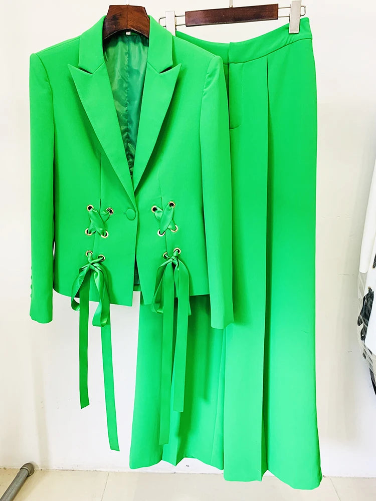 Chic Women's White Blazer and Wide Leg Pants Set with Elegant Ribbon Detail for Stylish Summer Looks