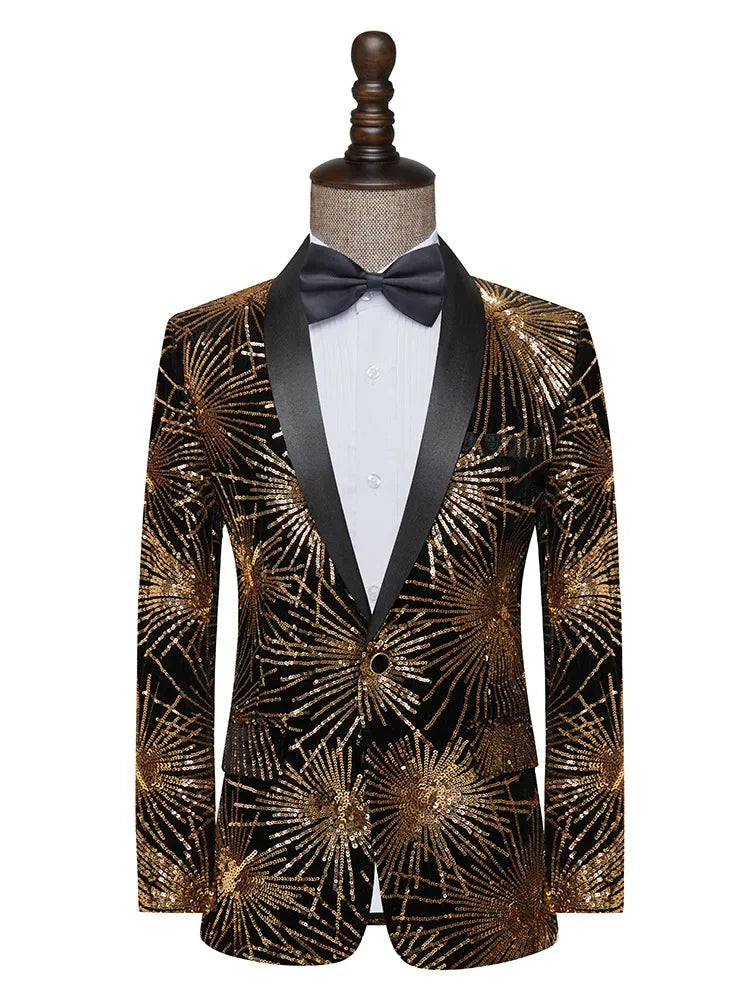 Men's Gold Sequin Performance Blazer for Stage Shows and Formal Events