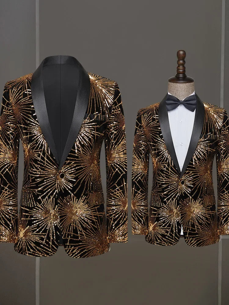 Blazer de lentejuelas doradas para hombre, ideal para espectáculos y eventos formales. 