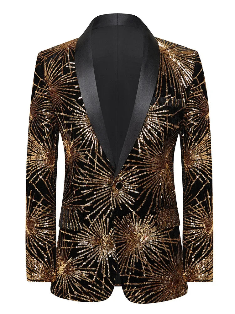 Men's Gold Sequin Performance Blazer for Stage Shows and Formal Events