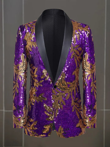 Vibrant Men's Sequined Blazer for Stage Performance - Stylish Slim Fit Host Attire with Eye-Catching Floral Design