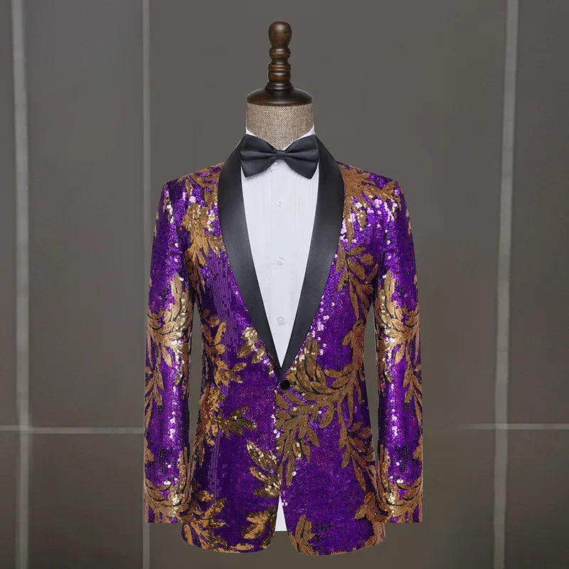 Vibrant Men's Sequined Blazer for Stage Performance - Stylish Slim Fit Host Attire with Eye-Catching Floral Design