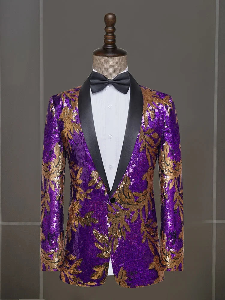Vibrant Men's Sequined Blazer for Stage Performance - Stylish Slim Fit Host Attire with Eye-Catching Floral Design