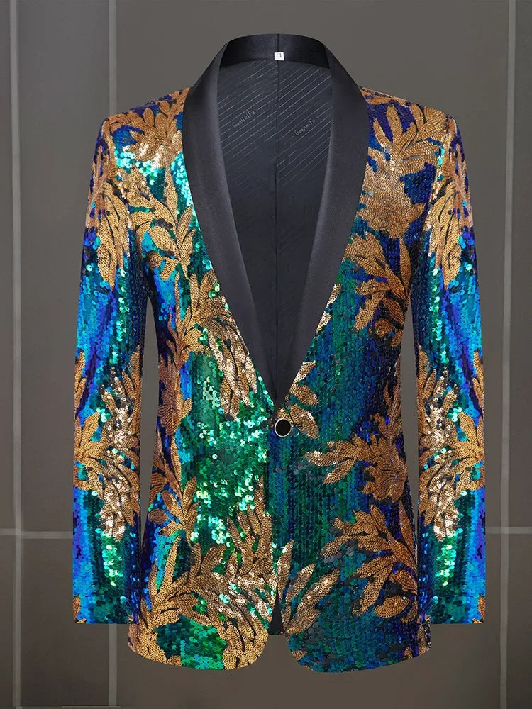 Vibrant Men's Sequined Blazer for Stage Performance - Stylish Slim Fit Host Attire with Eye-Catching Floral Design