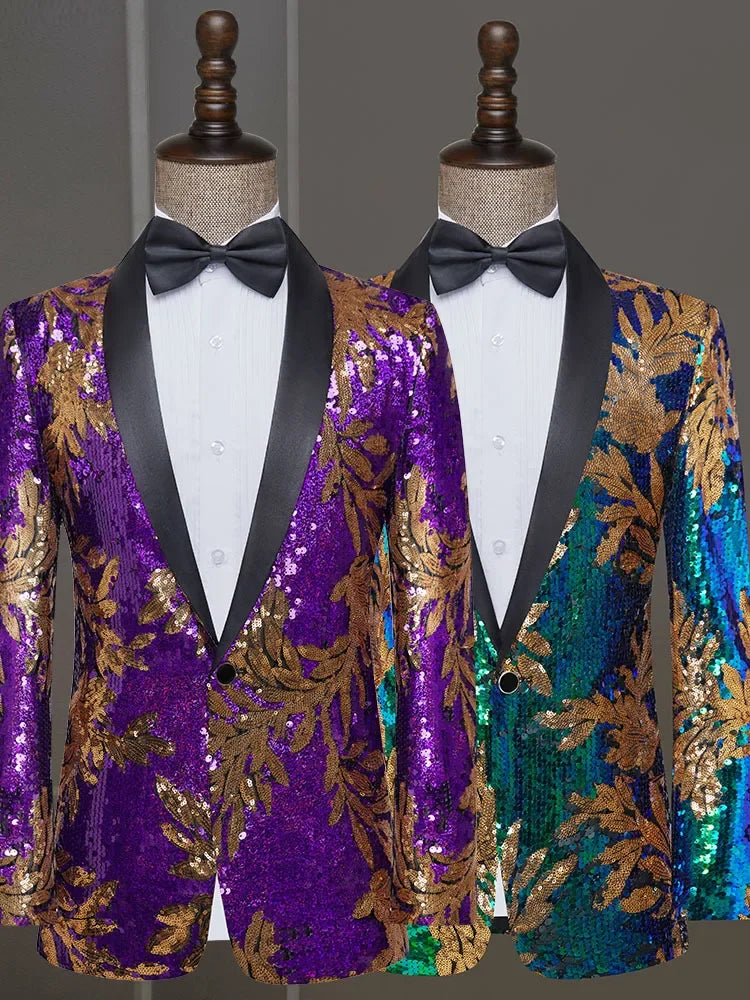 Vibrant Men's Sequined Blazer for Stage Performance - Stylish Slim Fit Host Attire with Eye-Catching Floral Design