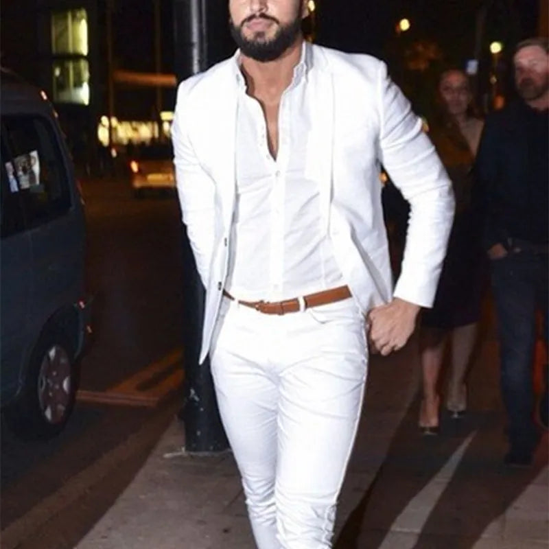 Street Fashion White Men Suits Casual Terno Slim Fit 2 Pieces Tuxedo Custom Blazer Office Men Work Wear Suit (Jacket+Pants)
