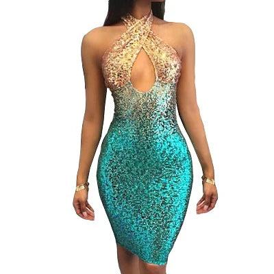 Sexy Chic Summer Gold Red Sequins Dress Backless Sleeveless Bodycon Muliti Color Cross Halter Club Party Dresses Vestidos
