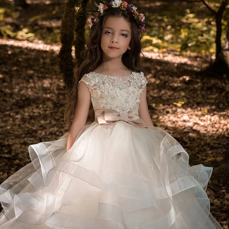 Girls Ivory Lace Cap Sleeve Flower Girl Dress with Tulle Skirt and Floral Headband