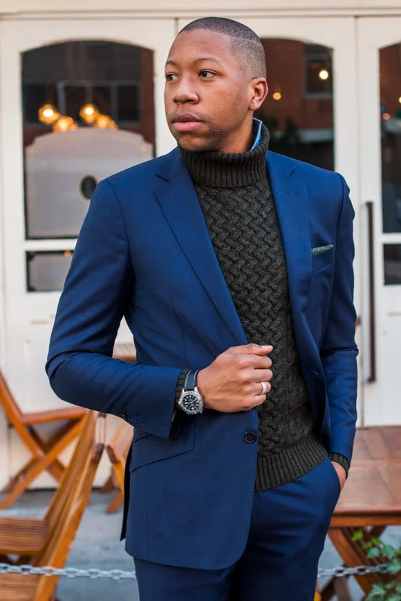 Traje azul de 2 piezas para hombre, esmoquin ajustado, informal, para novio, con diseños de pantalón y abrigo, trajes de graduación sencillos y personalizados.