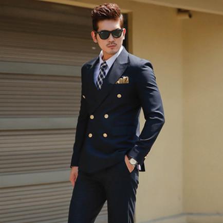 Men's Black Double Breasted Korean Slim Fit Suit Gentleman Suit Business Groom Wedding Dress (Top Jacket + Trousers)