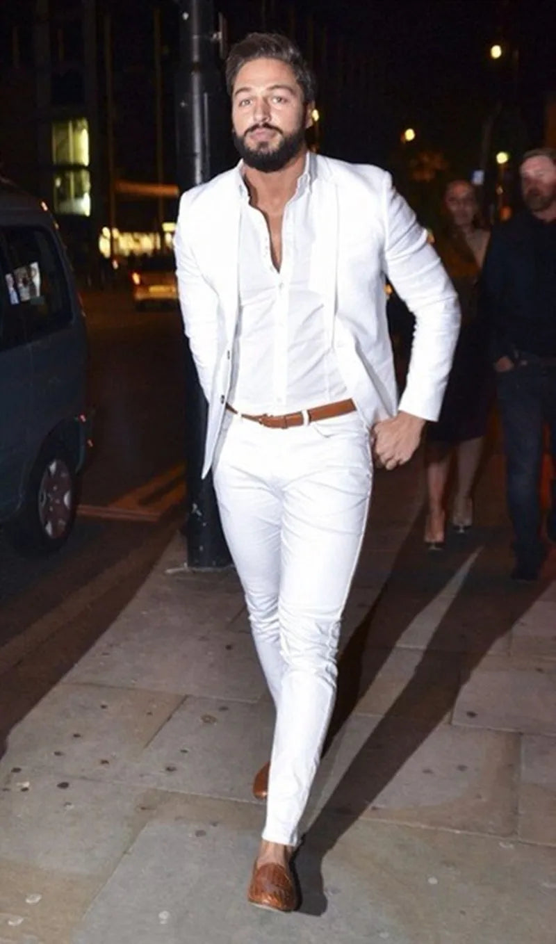 Street Fashion White Men Suits Casual Terno Slim Fit 2 Pieces Tuxedo Custom Blazer Office Men Work Wear Suit (Jacket+Pants)