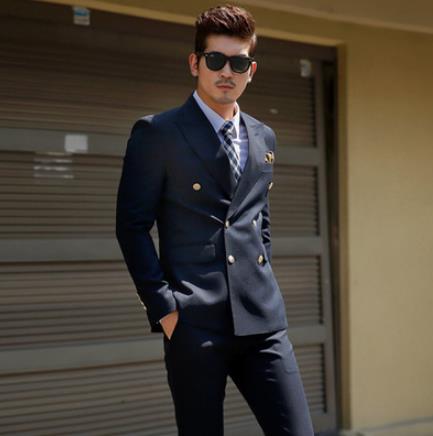 Men's Black Double Breasted Korean Slim Fit Suit Gentleman Suit Business Groom Wedding Dress (Top Jacket + Trousers)