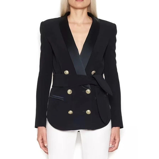 Newest Fashion Blazer Women's Shawl Collar Double Breasted Metal Buttons Belt Blazer Jacket
