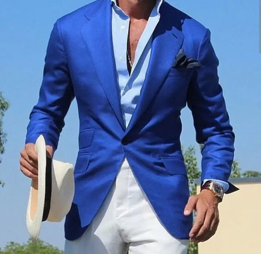 Costume Homme Mariage Blue Men's Suit Blazer Trousers Wedding Wear with White Pants 2Pcs Terno Slim Fit Tuxedo Coat Prom Jacket
