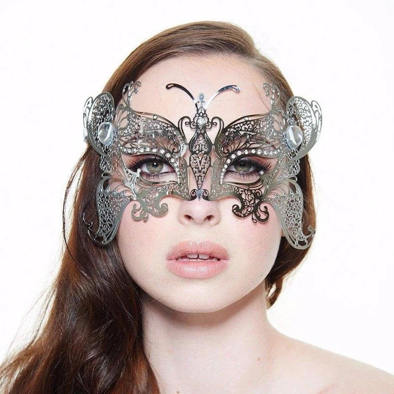 Woman Butterfly Diamond Laser Cut Venetian Masquerade Filigree Gold Silver Black Metal Mask Party Ball White Wedding Show Masks