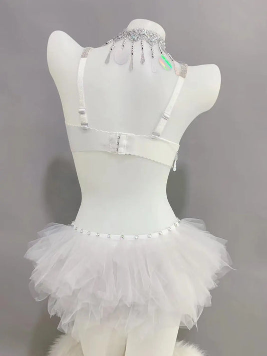 Ensemble de danse du ventre pour danseuse, compétition, performance sur scène, paillettes argentées, bikini, tenue de rave, boîte de nuit, bar, fête 