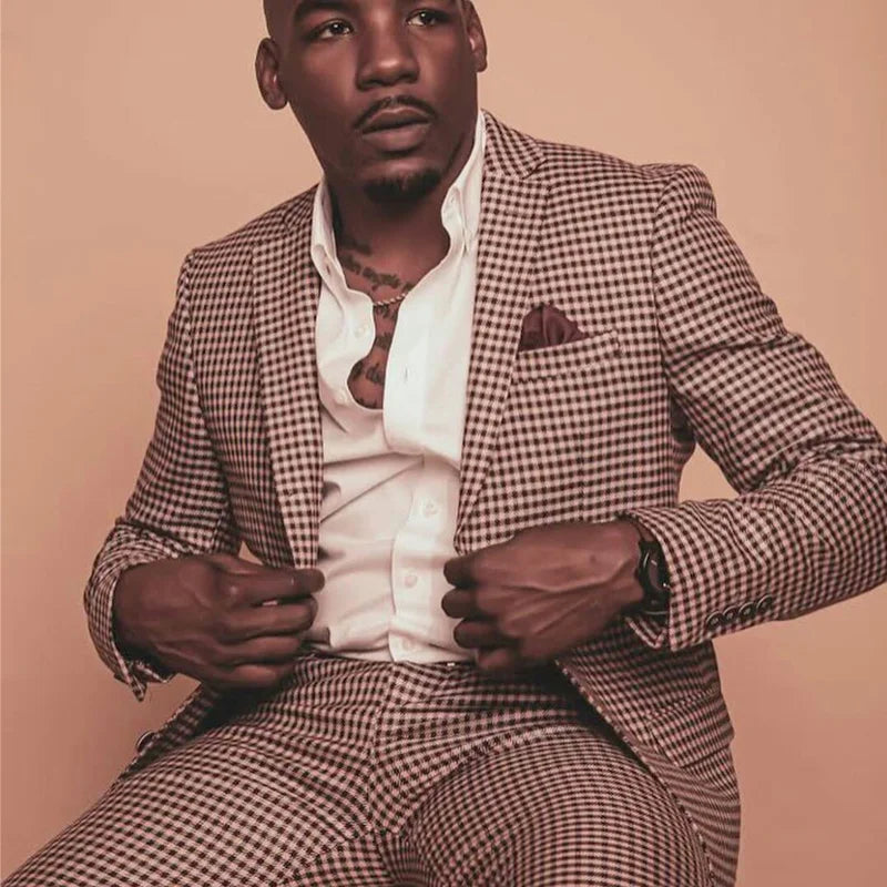 Classic Check Men Suits Groom Groomsmen One Button Pants Suit Tailored Prom Party Blazer Jacket (Jacket+Pants)