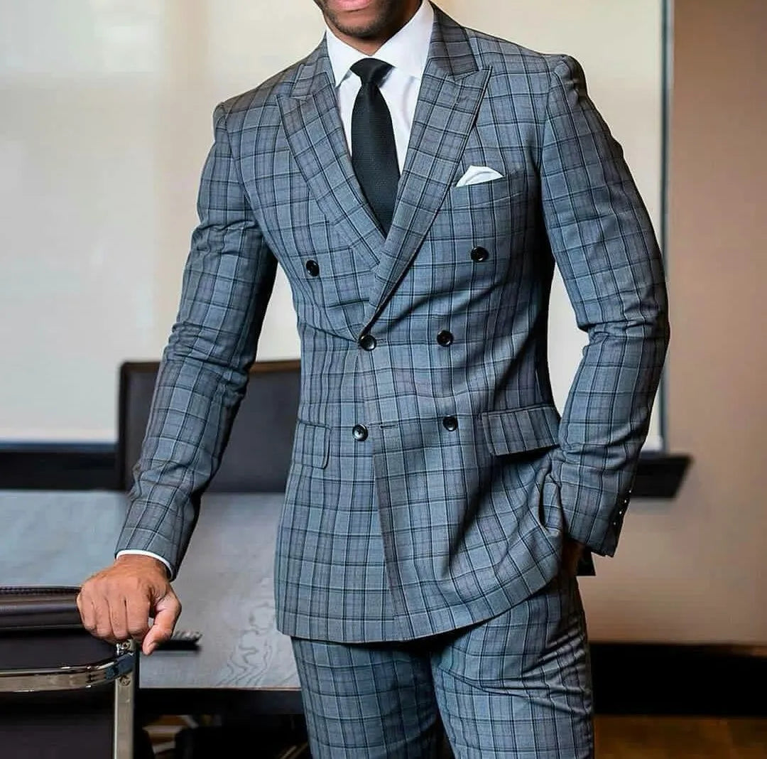 Esmoquin clásico a cuadros para hombre, para boda, con doble botonadura y solapa de pico, ideal para negocios, fiestas de graduación, traje de 2 piezas
