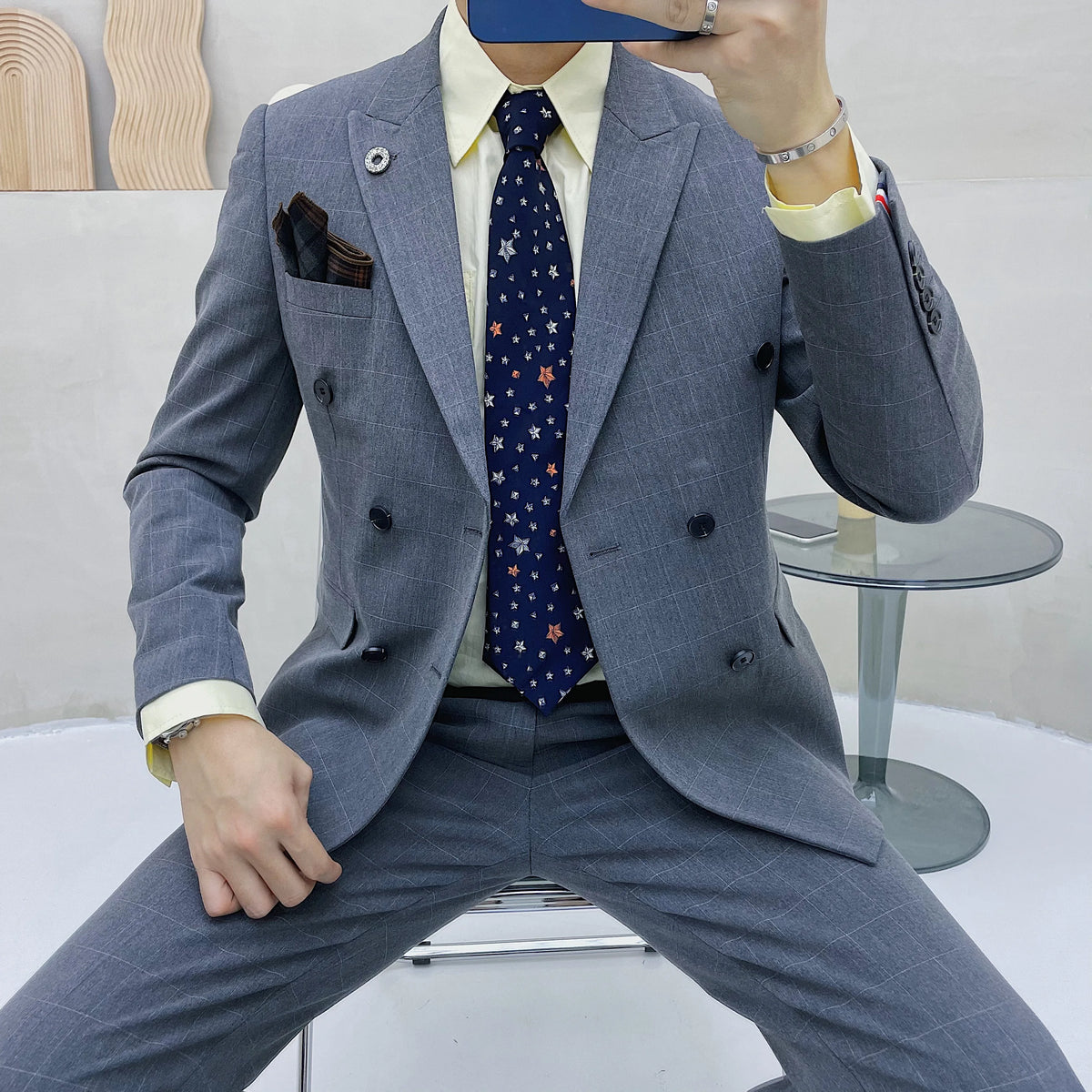 (Blazer + chaleco + pantalones) Traje clásico de celosía para hombre, conjunto de 3 piezas, trajes ajustados para hombre, doble botonadura para novio, vestido de esmoquin de boda 