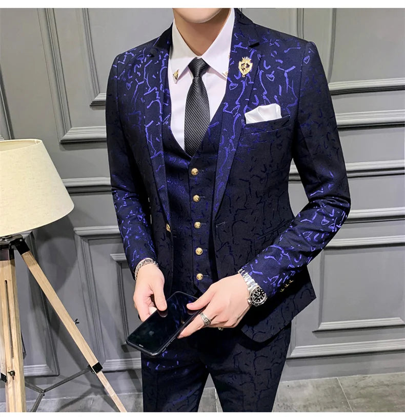 Elegant Floral Slim Fit Men's Tuxedo Suit Set - Royal Blue & Burgundy Stylish Coat, Vest & Pants for Formal Occasions