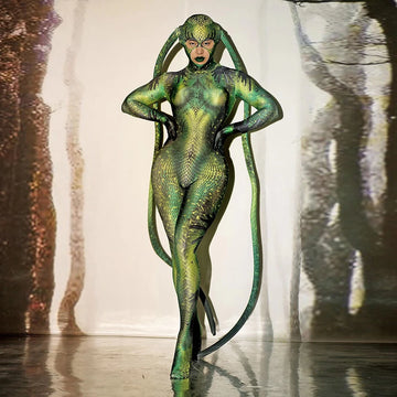 Women’s Green Alien Snake Skin Bodysuit for Halloween Cosplay and Stage Performance