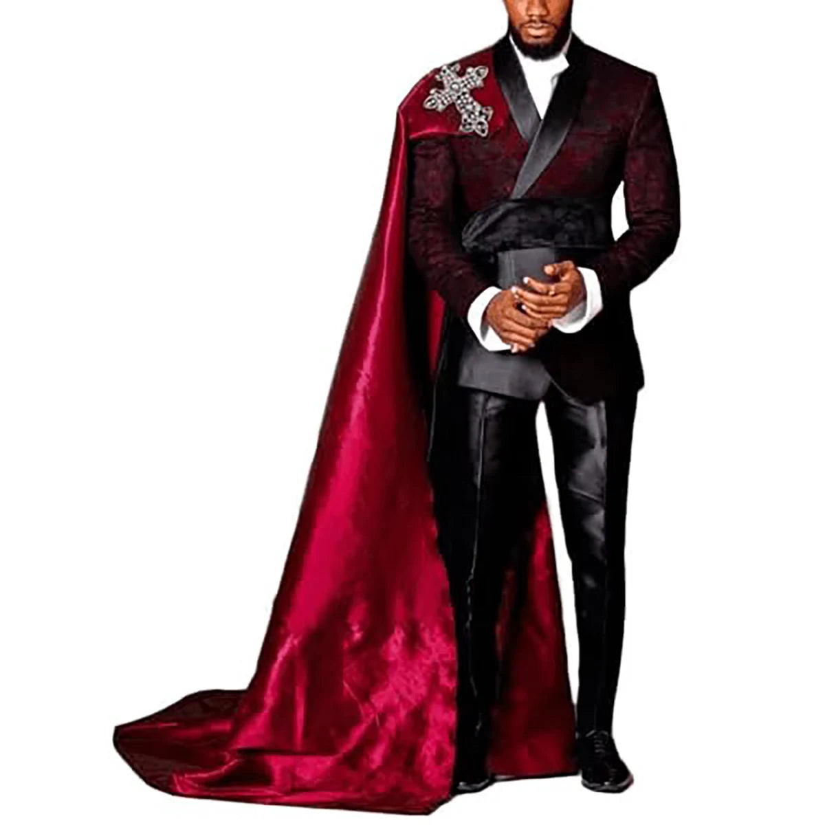 Costume d'Halloween rouge pour homme, 3 pièces (veste, pantalon, cape), sur mesure, avec col châle et motif tête de mort et scarabée.