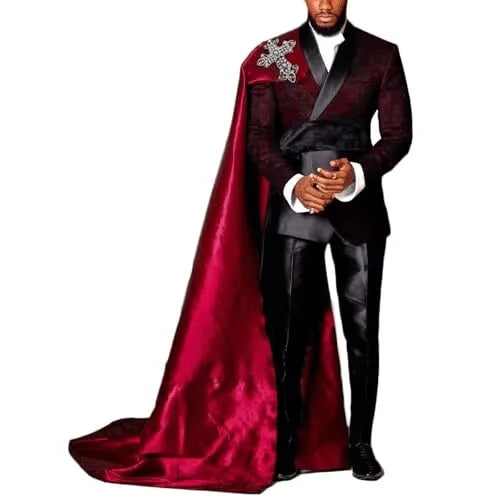 Costume d'Halloween rouge pour homme, 3 pièces (veste, pantalon, cape), sur mesure, avec col châle et motif tête de mort et scarabée.