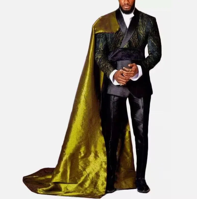 Costume d'Halloween rouge pour homme, 3 pièces (veste, pantalon, cape), sur mesure, avec col châle et motif tête de mort et scarabée.