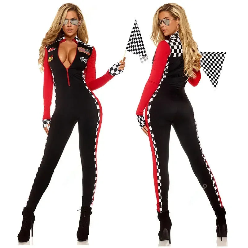 Women's Racer Bodysuit Jumpsuit with Checkered Flags and Patches