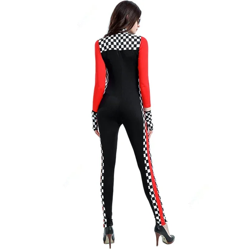 Women's Racer Bodysuit Jumpsuit with Checkered Flags and Patches