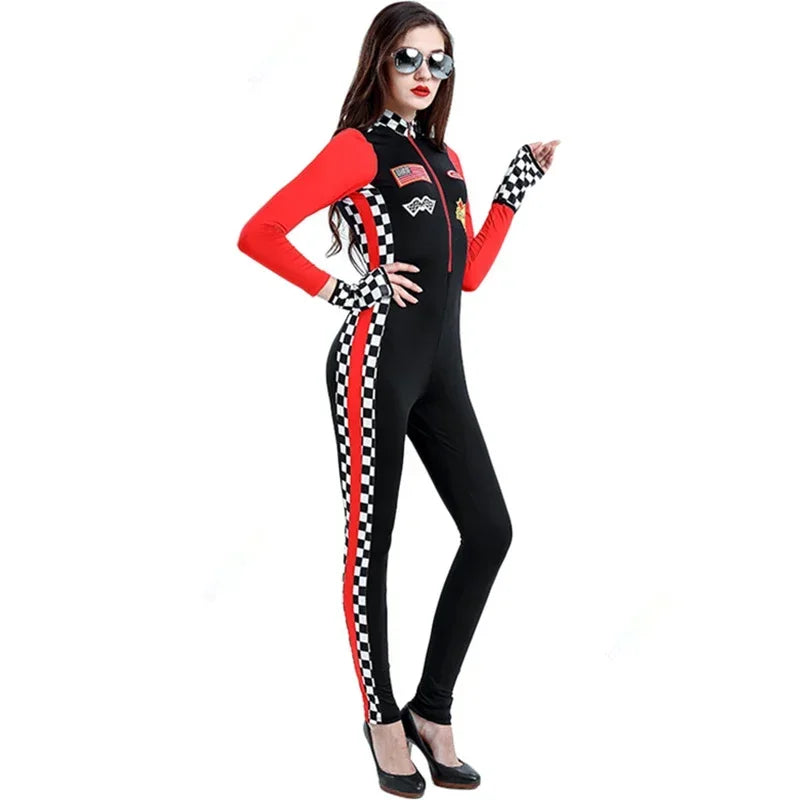 Women's Racer Bodysuit Jumpsuit with Checkered Flags and Patches