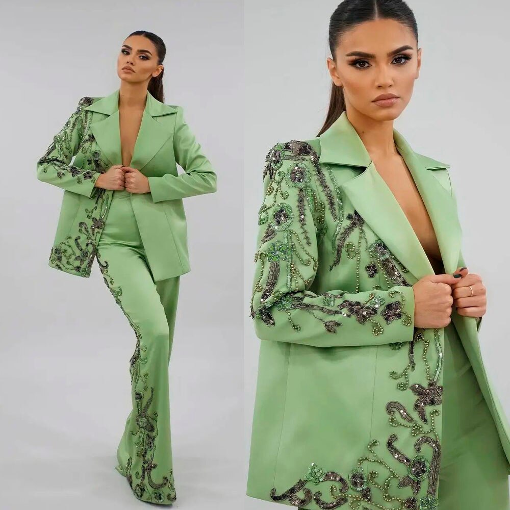 Blazer de mujer con cuentas hechas a mano, trajes con apliques, corte entallado, traje formal para fiesta de noche, boda, 2 piezas