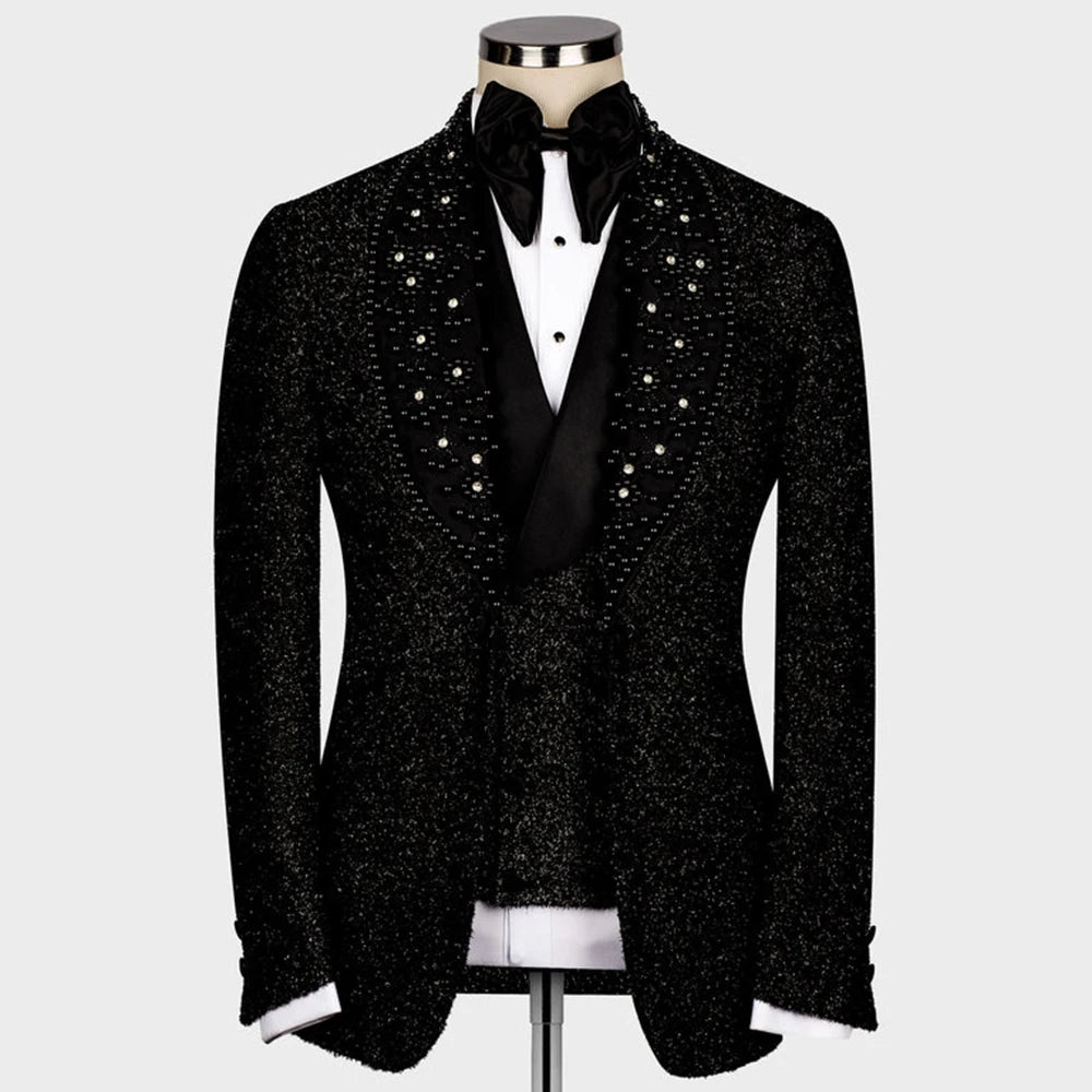 Costumes pour hommes faits à la main avec perles, pour mariage, châle noir, blazer de bal, banquet formel, fête, smoking de marié de luxe, grande taille 
