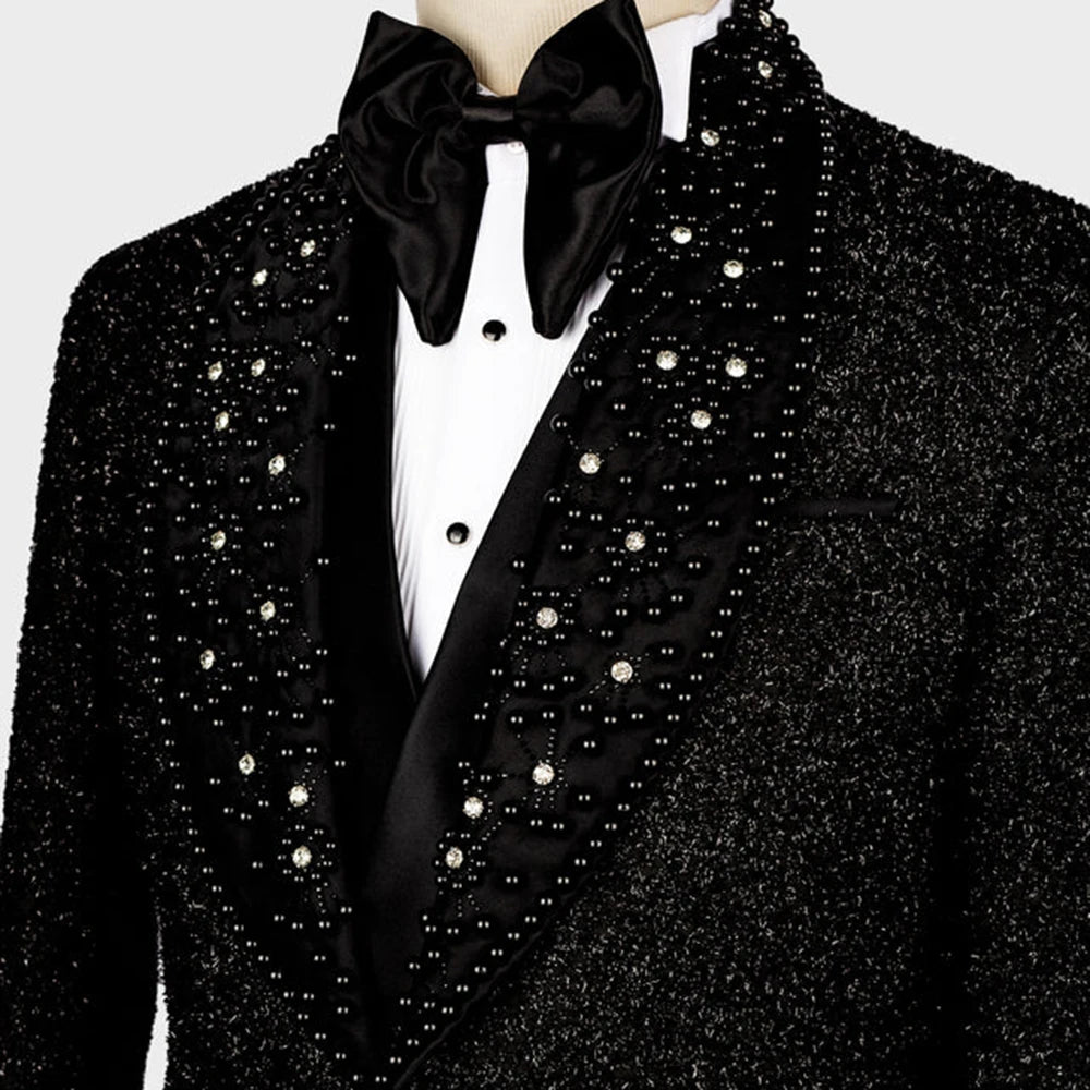 Costumes pour hommes faits à la main avec perles, pour mariage, châle noir, blazer de bal, banquet formel, fête, smoking de marié de luxe, grande taille 