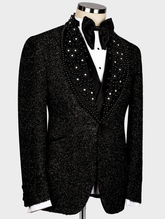 Costumes pour hommes faits à la main avec perles, pour mariage, châle noir, blazer de bal, banquet formel, fête, smoking de marié de luxe, grande taille 