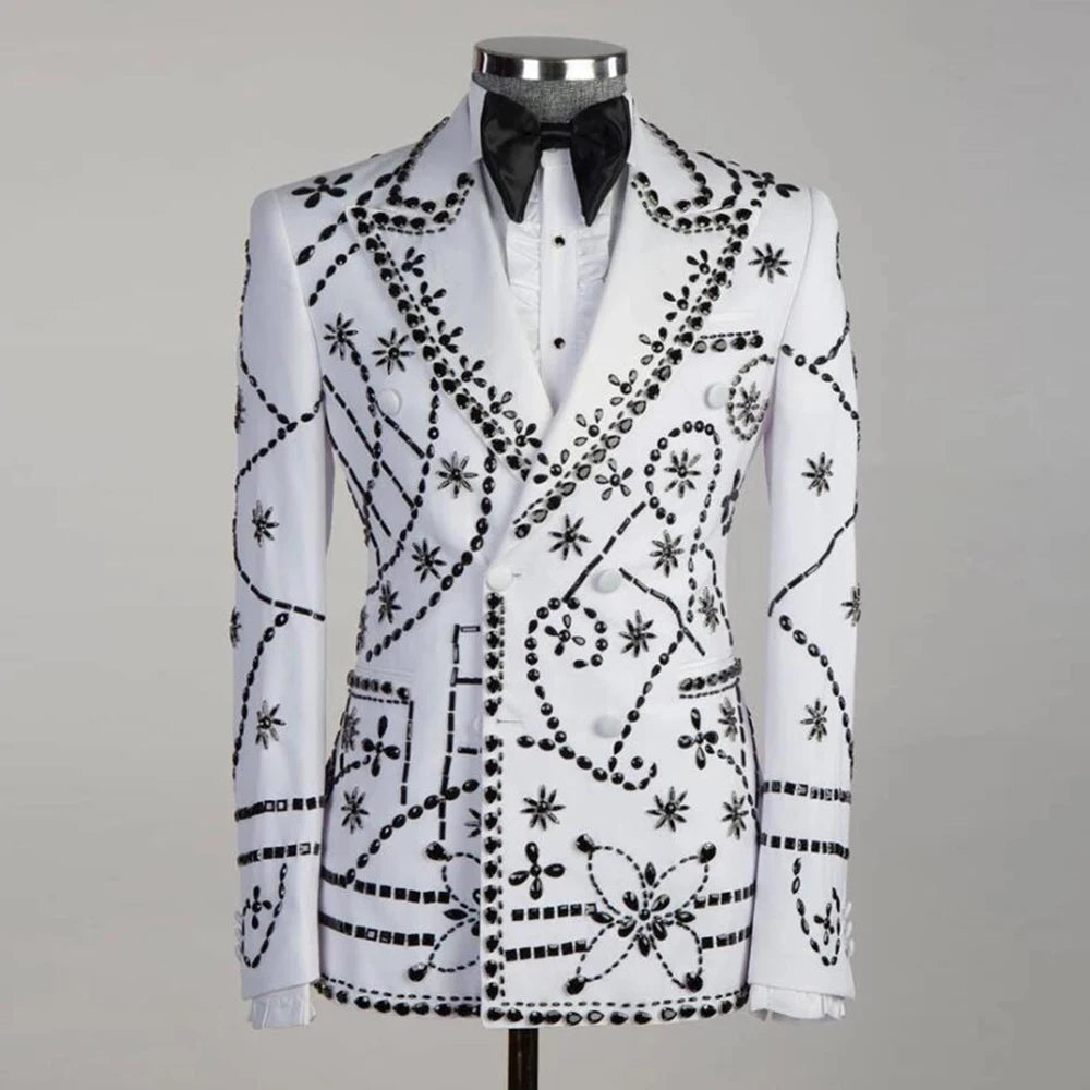 Smoking de marié fait main, ornement de bijoux noirs, blazer de bal, veste croisée grande taille, pantalon, costumes 2 pièces pour hommes