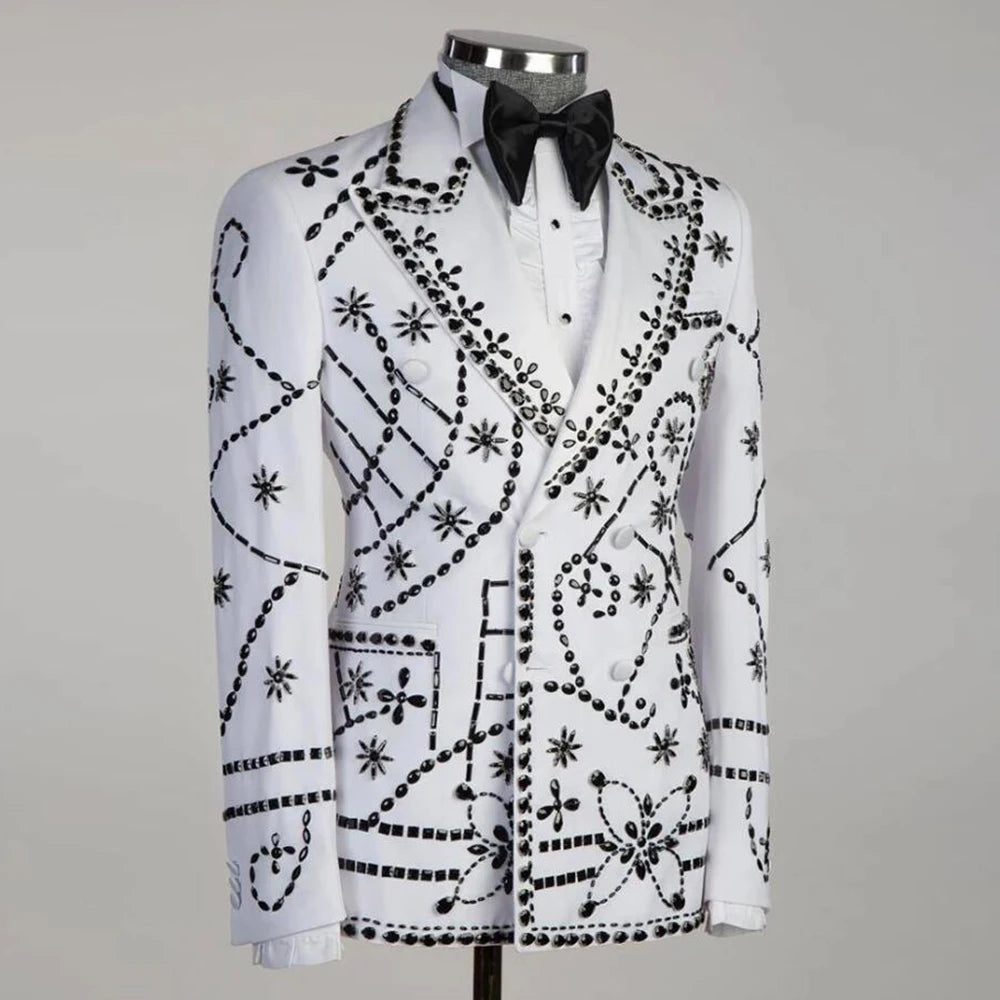 Smoking de marié fait main, ornement de bijoux noirs, blazer de bal, veste croisée grande taille, pantalon, costumes 2 pièces pour hommes