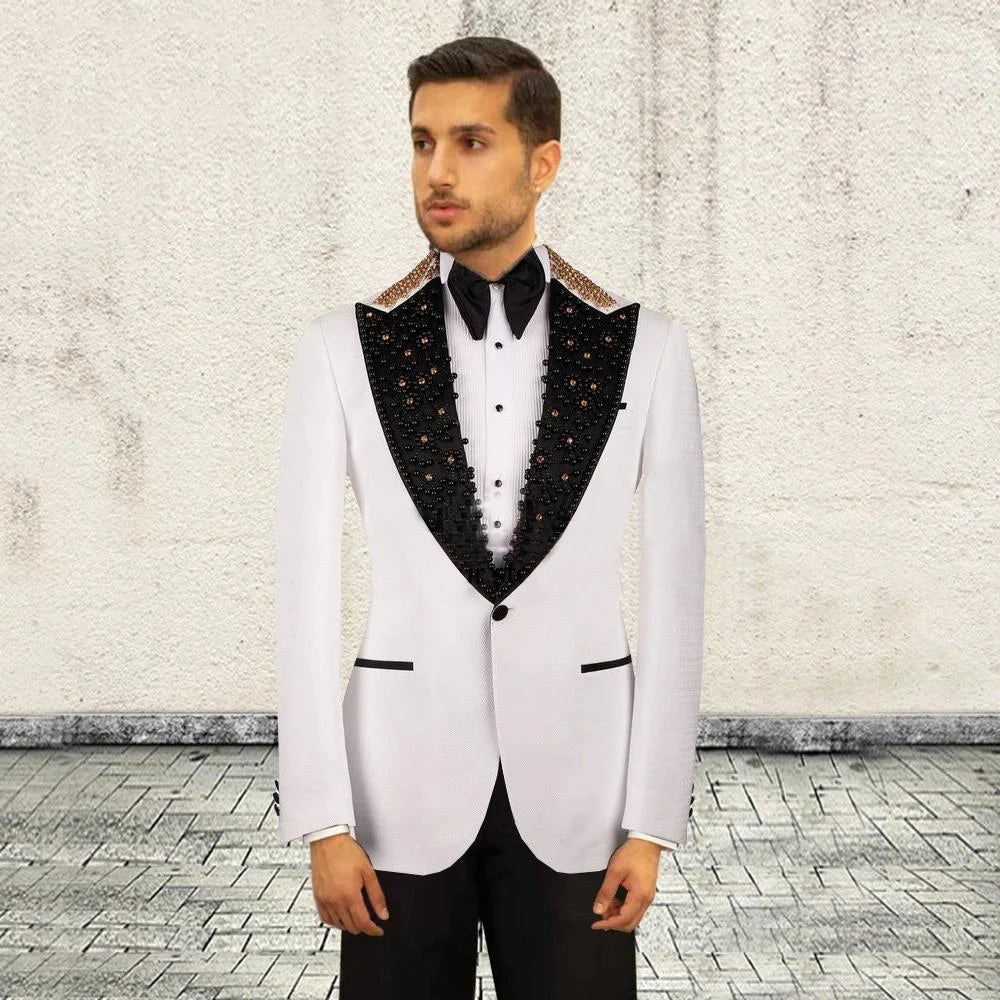 Smoking blanc de luxe fait main avec revers pointus noirs et veste ornée, costume 2 pièces élégant pour mariages et événements formels