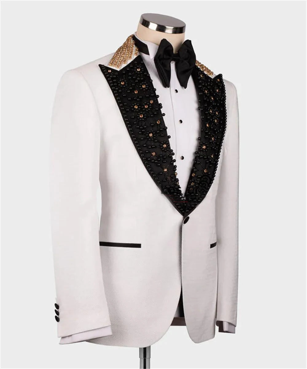 Luxury Handmade White Tuxedo with Black Peaked Lapel and Embellished Jacket, Stylish 2-Piece Suit for Weddings and Formal Events