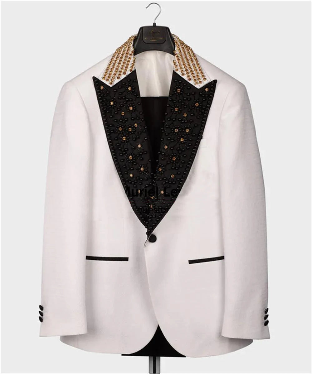 Luxury Handmade White Tuxedo with Black Peaked Lapel and Embellished Jacket, Stylish 2-Piece Suit for Weddings and Formal Events