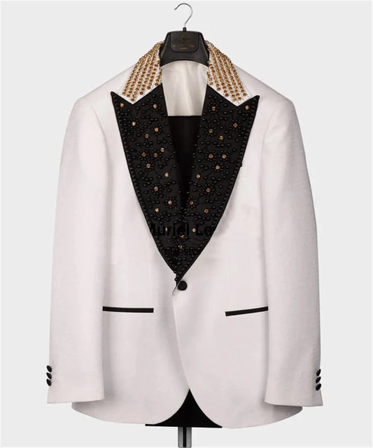 Smoking blanc de luxe fait main avec revers pointus noirs et veste ornée, costume 2 pièces élégant pour mariages et événements formels