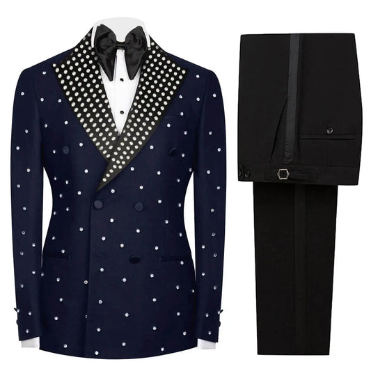 Costume de mariage 2 pièces pour homme, élégant, avec perles, revers pointus, pantalon sur mesure, pour fête d'anniversaire, bal de promo