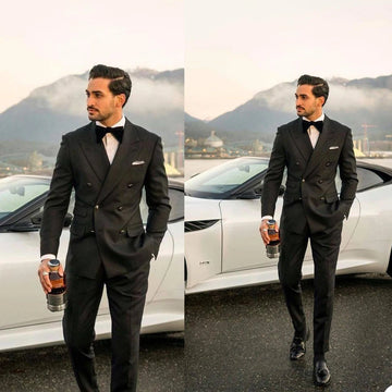 Black Groom Wedding Tuxedos Slim Fit Double Breasted Suits Prom Party Business Outfit Two Pieces (Jacket+Pants)