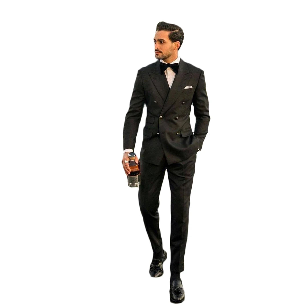 Black Groom Wedding Tuxedos Slim Fit Double Breasted Suits Prom Party Business Outfit Two Pieces (Jacket+Pants)