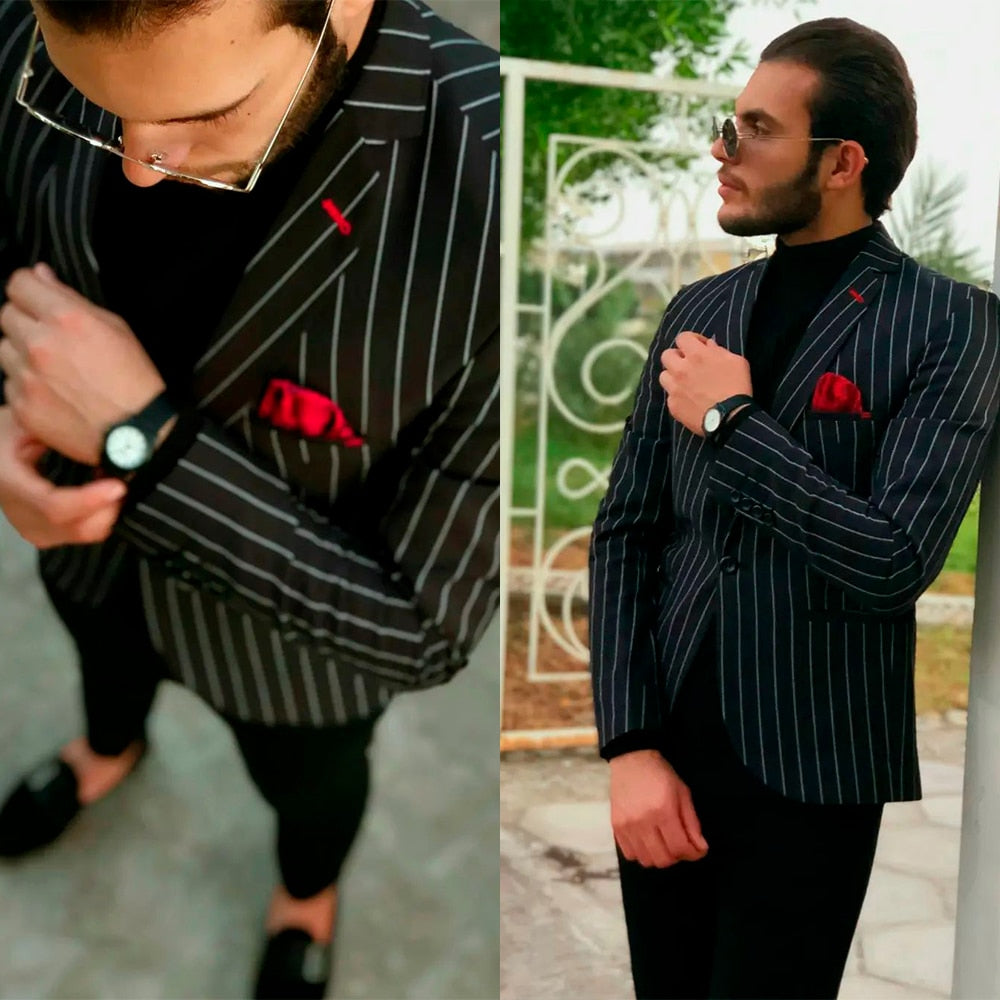 Trajes de hombre negros a rayas de una pieza con chaqueta a medida, trajes de novio de diseñador para boda, ocasiones formales, sin pantalones 