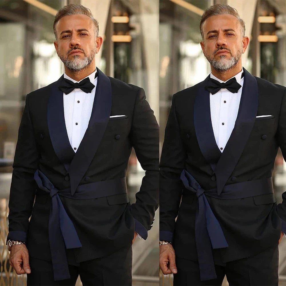 Trajes de boda negros para hombre con cinturón, corte entallado, esmoquin para novio, chaqueta de graduación, 2 piezas, chaqueta y pantalón. 