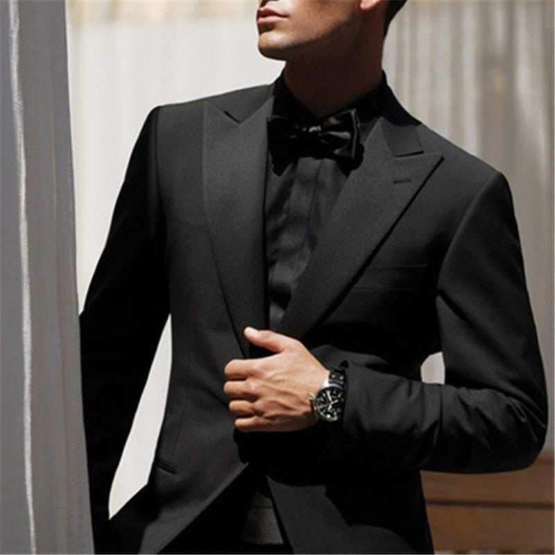 Trajes de boda negros para hombre, 2 piezas (chaqueta + pantalón), diseños de esmoquin de novio, corte entallado, blazer de graduación a medida. 