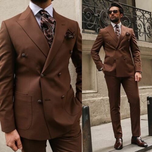 Brown Men Suits Peak Lapel Double Breasted Groom Formal Tuxedos Blazer Wedding Tuxedos Business 2Pieces Jacket Pants