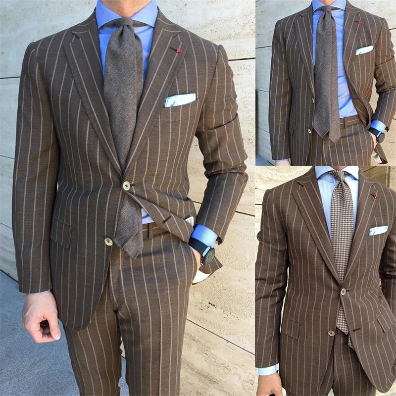Elegant Brown Pinstripe Men's Business Suit Set - Tailored Fit 2-Piece (Blazer + Pants) for Casual and Formal Occasions