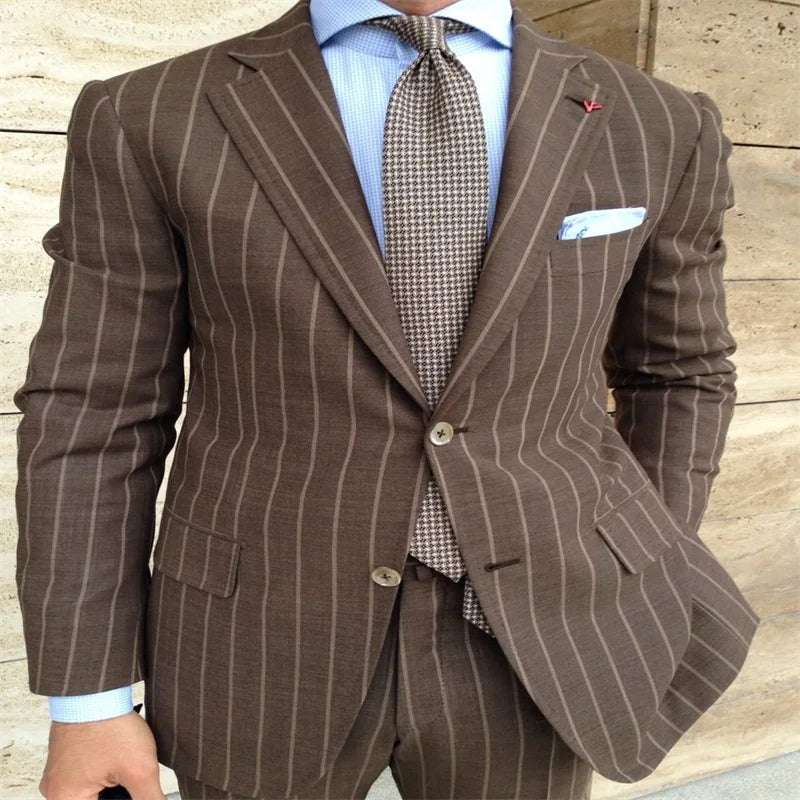 Elegant Brown Pinstripe Men's Business Suit Set - Tailored Fit 2-Piece (Blazer + Pants) for Casual and Formal Occasions
